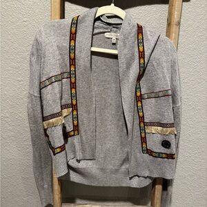 Young Threads Gray Open Front Cardigan with Southwestern Trim